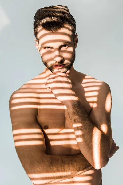 sexy man with shadows on muscular torso isolated on grey