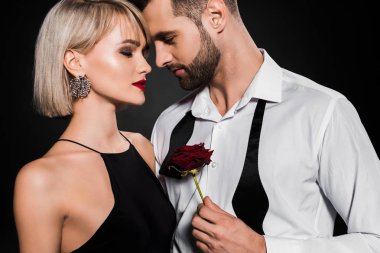 sakallı yakışıklı kırmızı tutan gül ve tutkulu kız, kucaklayan siyah izole 