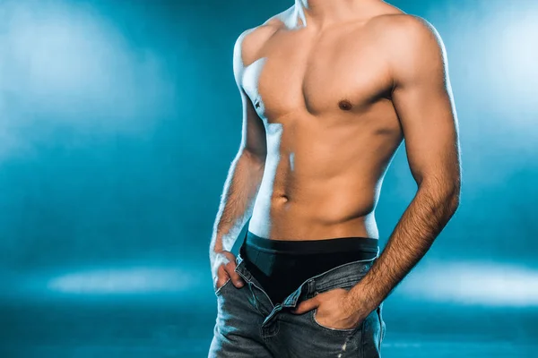 Cropped View Shirtless Muscular Man Black Underwear Jeans Posing Blue — Stock Photo, Image