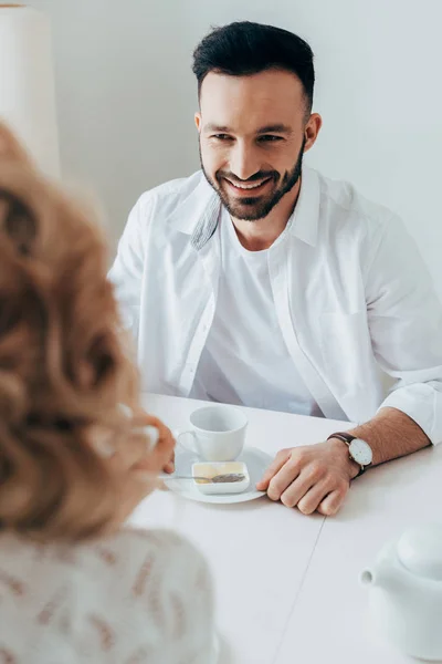 Laughing Bearded Man Drinking Coffee Girlfriend — Stock Photo, Image