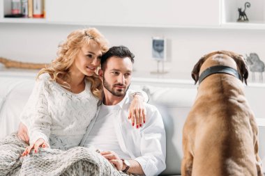 Romantik Çift kanepede kucaklayan ve köpeğe arıyorsunuz
