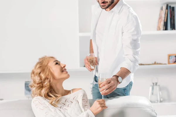 Partial View Happy Couple Smiling Drinking Champagne Home — Stock Photo, Image