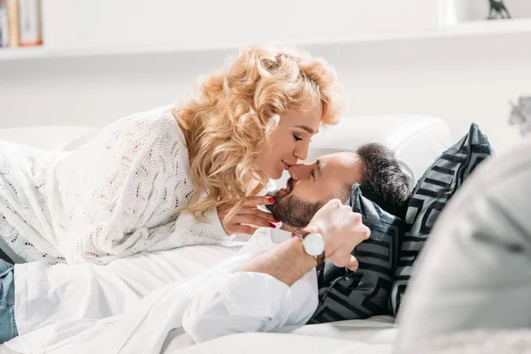 Sensual Curly Girl Kissing Boyfriend Nose — Stock Photo, Image