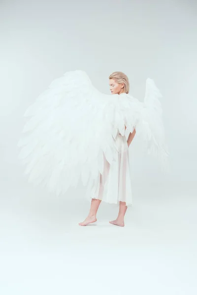 Beautiful Young Woman Angel Wings Looking Away Posing Isolated White — Stock Photo, Image