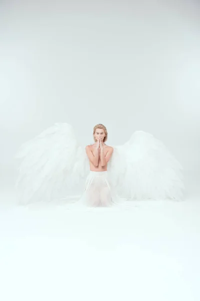 美しい女性の天使と翼やってジェスチャーを祈り 白で隔離カメラ目線 — ストック写真