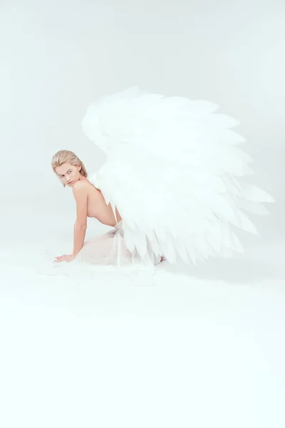 Beautiful Half Naked Young Woman Angel Wings Posing White Background — Stock Photo, Image