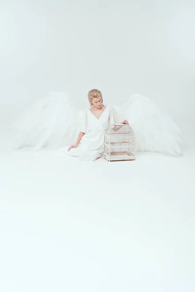 Bela Mulher Traje Anjo Com Asas Sentadas Posando Com Gaiola — Fotografia de Stock