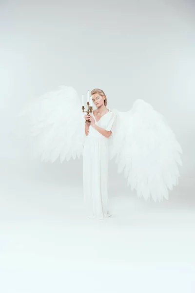 Beautiful Tender Woman Angel Costume Wings Holding Candelabrum Candles Isolated — Stock Photo, Image