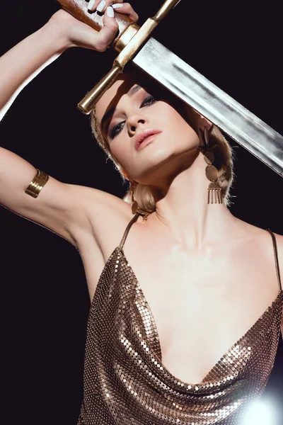 Beautiful Woman Golden Accessories Warrior Costume Looking Camera Posing Sword — Stock Photo, Image
