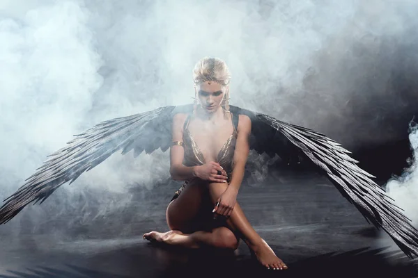 Beautiful Sexy Woman Black Angel Wings Sitting Posing Dark Background — Stock Photo, Image