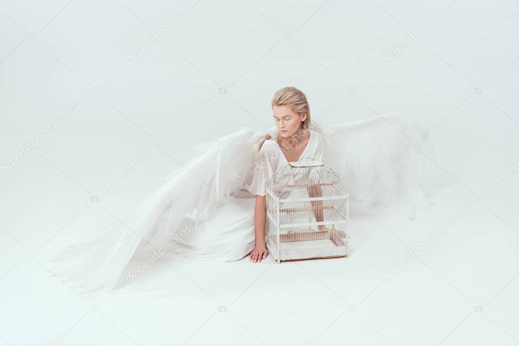 beautiful tender woman in angel costume with wings posing with bird cage isolated on white