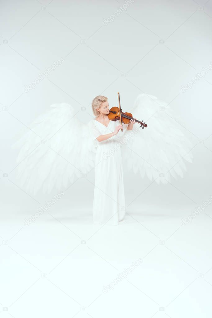 beautiful woman in angel costume with wings playing violin on white background with copy space