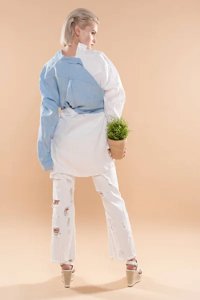 Girl Holding Pot Plant Hand Standing Eco Clothing Isolated Beige — Stock Photo, Image