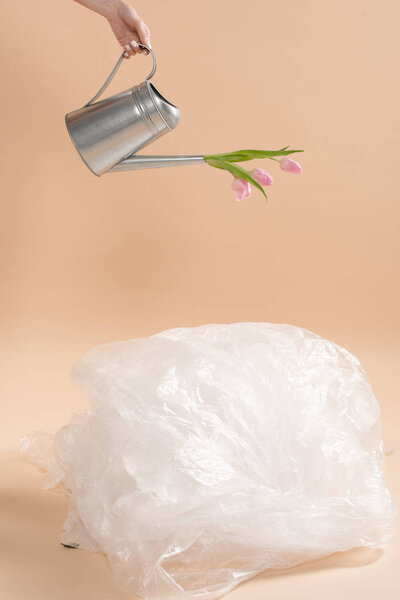 обрезанный вид девушки, держащей поливальную банку с цветами рядом с полиэтиленом на бежевом фоне, концепция сохранения окружающей среды
