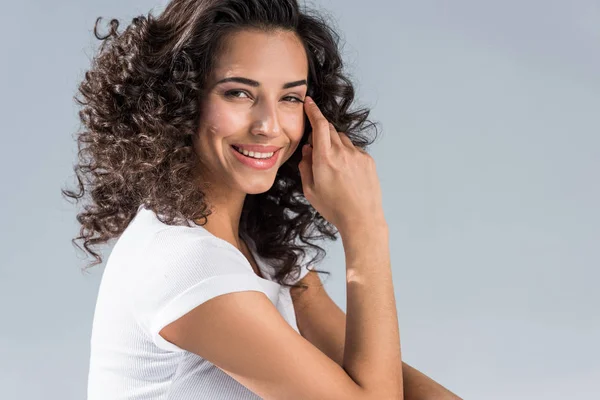 Happy Curly Girl Looking Camera Isolated Grey — Stock Photo, Image