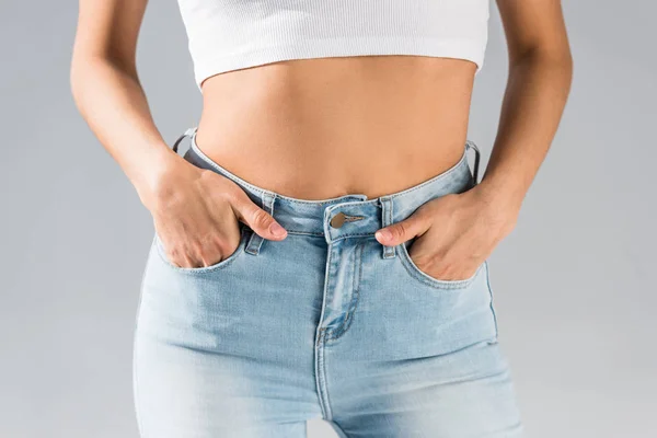 Cropped View Slim Young Woman Jeans Hands Pockets Isolated Grey — Stock Photo, Image