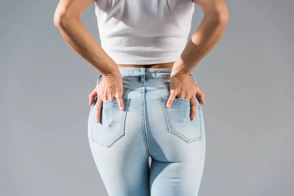 Beskuren Bild Sexig Tjej Blå Jeans — Stockfoto