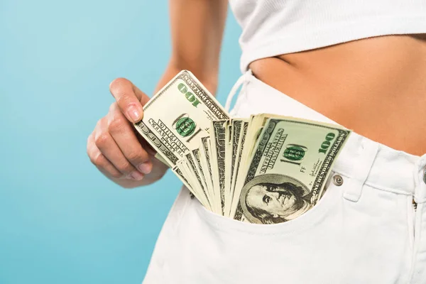 Cropped View Sexy Girl Dollar Banknotes Pocket Blue Background — Stock Photo, Image