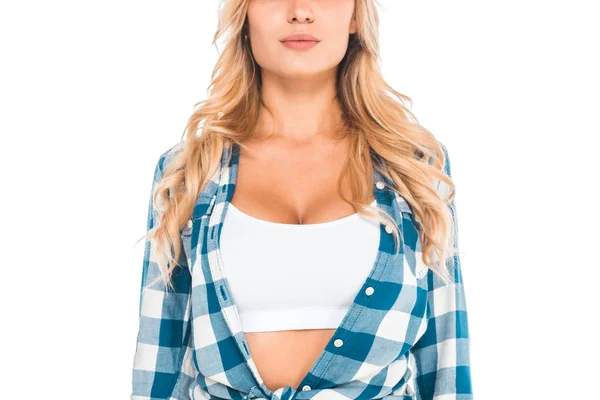 Oříznutý Pohled Ženy Modré Košili Top Izolované Bílém — Stock fotografie