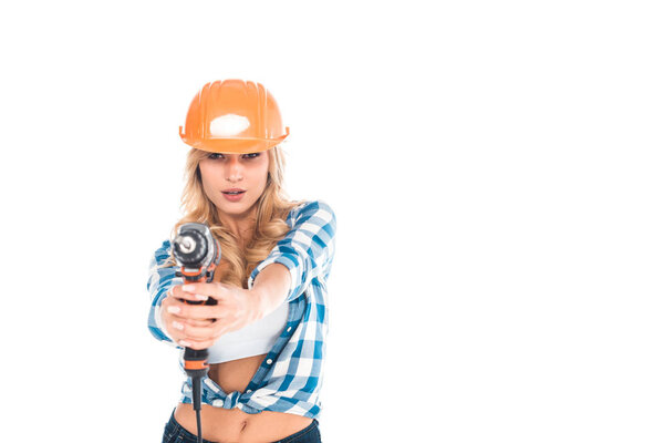 handy woman in blue shirt and orange hardhat with screwdriver isolated on white