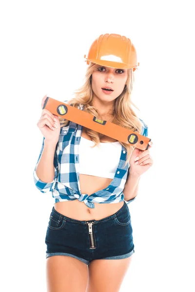 Mulher Arquiteta Loira Camisa Azul Shorts Hardhat Laranja Com Nível — Fotografia de Stock