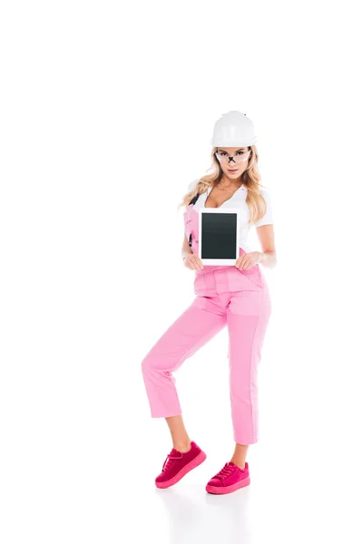 Mujer Práctica Uniforme Rosa Gafas Que Sostienen Tableta Digital Con — Foto de Stock