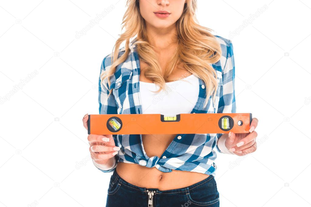 cropped view of architect woman in blue shirt with orange spirit level isolated on white