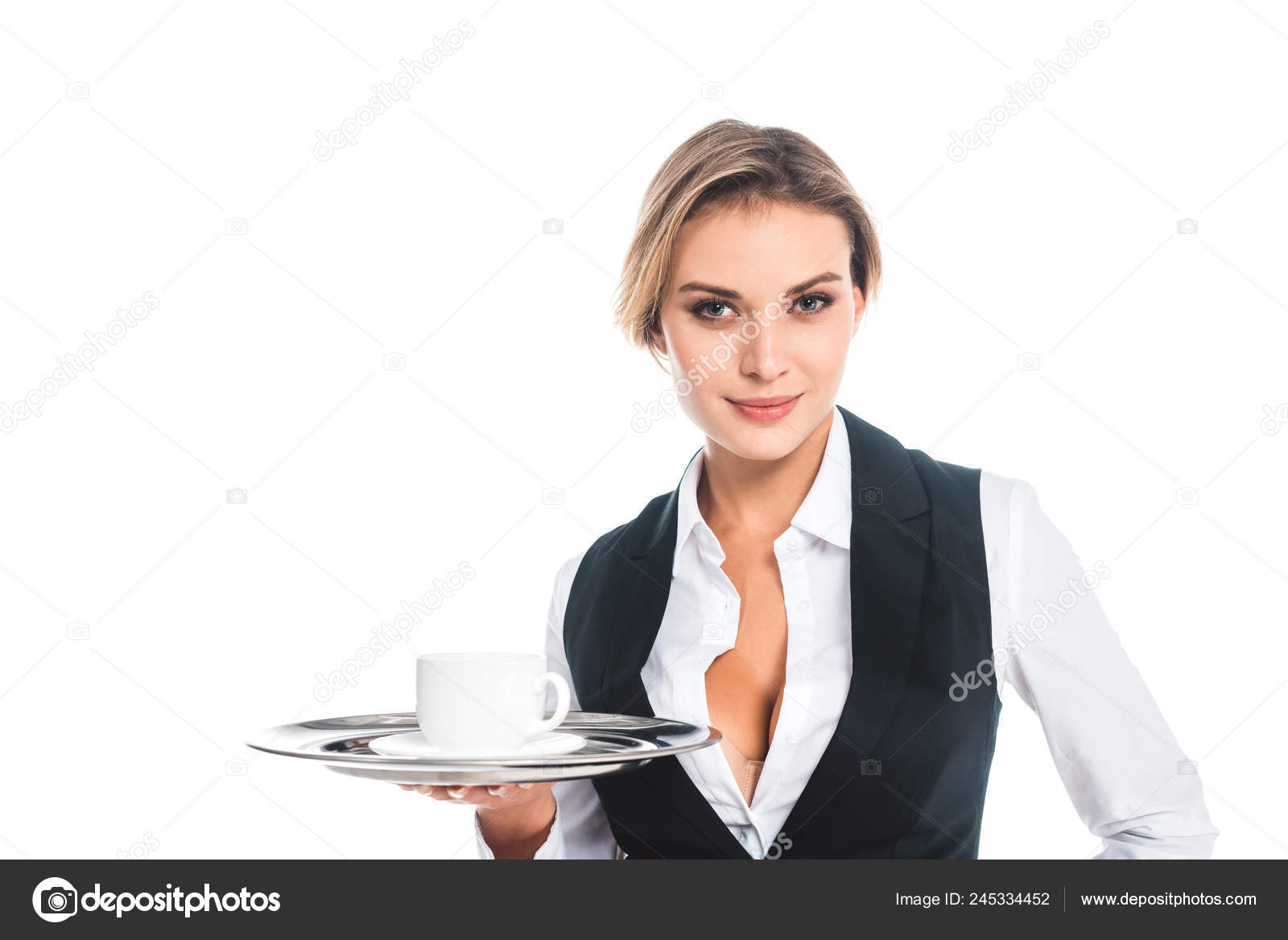 Blonde Attraktive Kellnerin Uniform Mit Tablett Tasse Und Untertasse Isoliert Stockfotografie