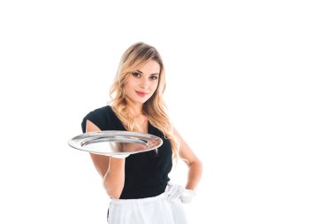 blonde housemaid in black uniform standing with tray isolated on white clipart