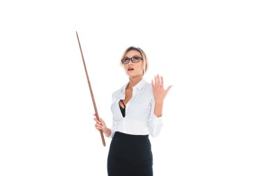 siyah etek ve bluz Açık yaka beyaz izole işaretçi holding ile çekici öğretmen