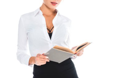 öğretmen blous Açık yaka, gözlük ve etek üzerine beyaz izole kitap içinde kırpılmış görünümü
