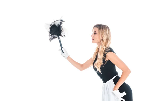 Attractive Chambermaid Black Uniform Duster Isolated White — Stock Photo, Image