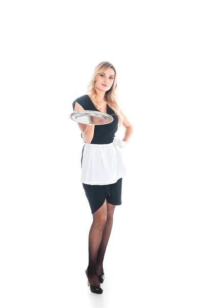 Attractive Housemaid Black Uniform Apron Stockings Standing Tray White Background — Stock Photo, Image