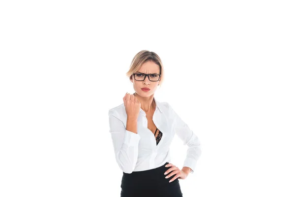 Angry Teacher Blous Open Neckline Skirt Glasses Isolated White — Stock Photo, Image