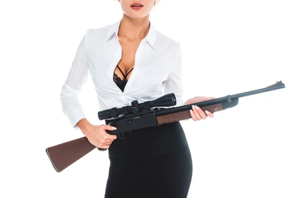 Vista Cortada Professor Blous Com Decote Aberto Saia Segurando Rifle — Fotografia de Stock
