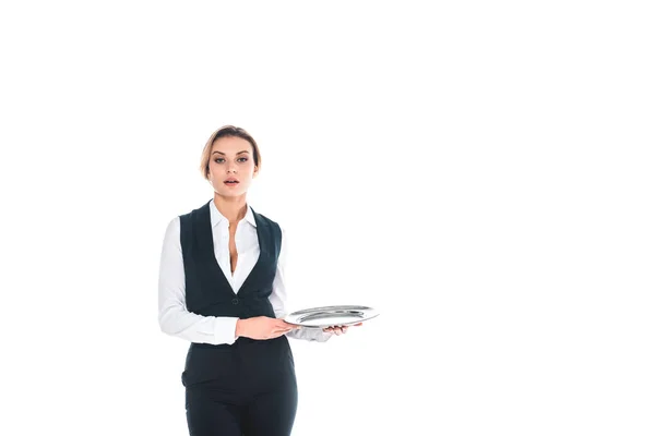 Attractive Blonde Waitress Black Uniform Holding Tray Isolated White — Stock Photo, Image