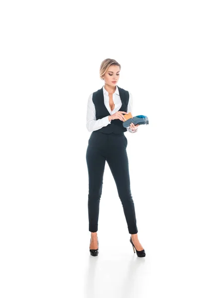 Blonde Attractive Waitress Black Uniform Doing Transaction Credit Card Terminal — Stock Photo, Image