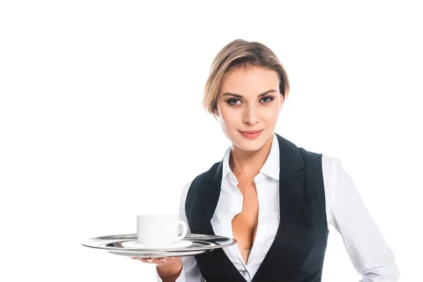 Blonde Serveuse Attrayante Uniforme Plateau Maintien Avec Tasse Soucoupe Isolé — Photo