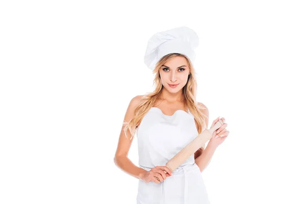 Mulher Cozinheiro Atraente Uniforme Segurando Rolo Pino Isolado Branco — Fotografia de Stock