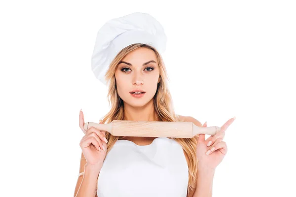 Mulher Cozinheiro Loira Uniforme Segurando Rolo Pino Isolado Branco — Fotografia de Stock