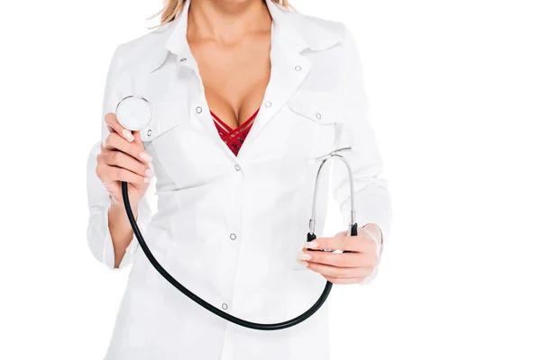 Cropped View Nurse Coat Red Underwear Holding Stethoscope Isolated White — Stock Photo, Image
