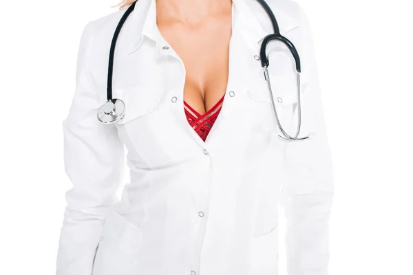 Cropped View Nurse Coat Red Underwear Stethoscope Isolated White — Stock Photo, Image