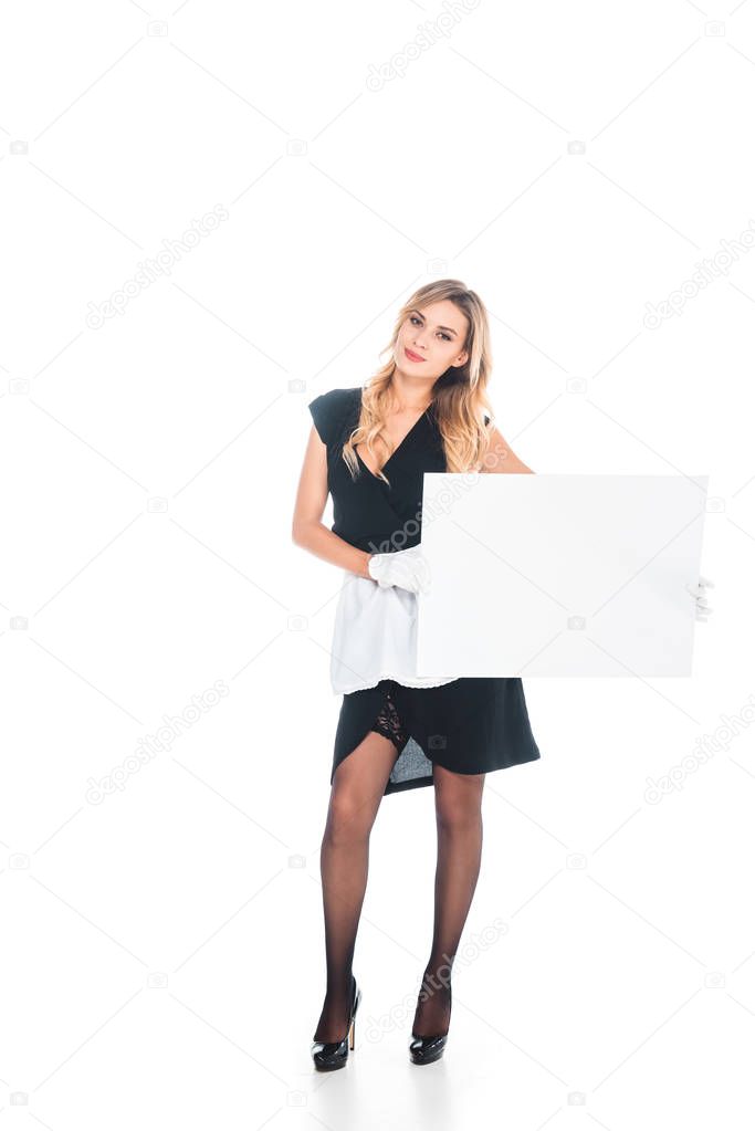 housemaid in black uniform holding placard on white background