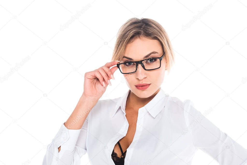 attractive teacher in blouse and glasses isolated on white