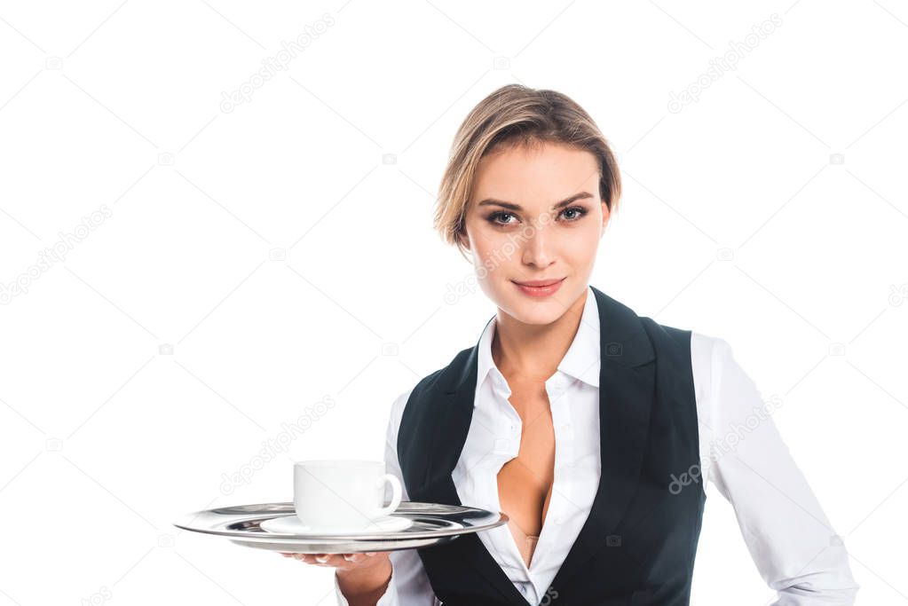 blonde attractive waitress in uniform holding tray with cup and saucer isolated on white