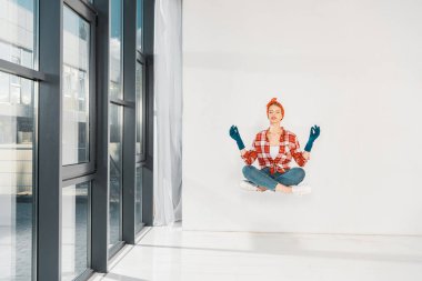 floating girl in jeans and plaid shirt meditating on white background  clipart