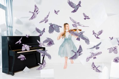 floating girl in blue dress playing violin with birds illustration clipart