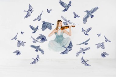 floating girl in blue dress playing violin with birds illustration clipart