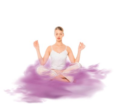 girl in lotus pose meditating with purple cloud illustration  clipart