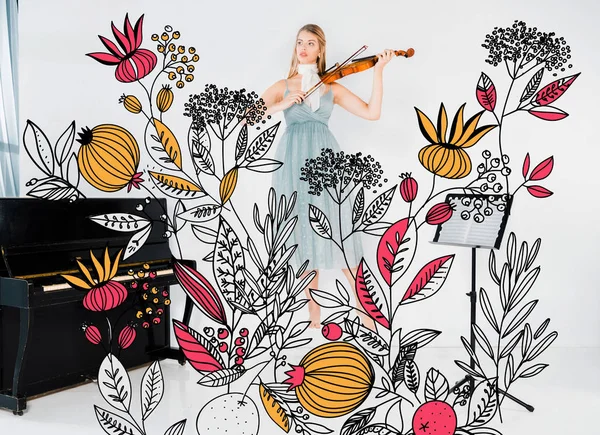 Chica Flotante Vestido Azul Tocando Violín Con Flores Silvestres Ilustración — Foto de Stock